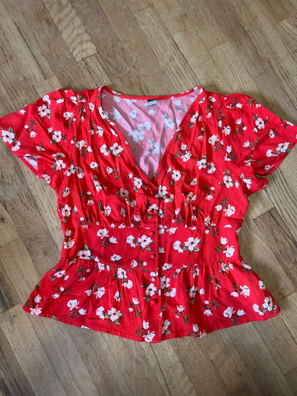 Women's Red Floral Peplum V-Neck Top